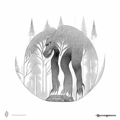 A Mystical Forest Scene With Bigfoot Peeking Out From Behind A Tree