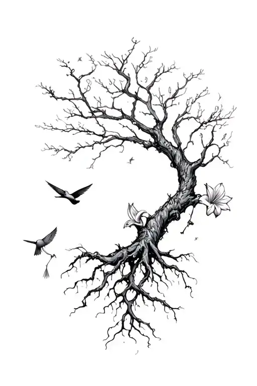 A Poison Tree With Roots And A Singular Small Wilted Lily And Birds Flying Away