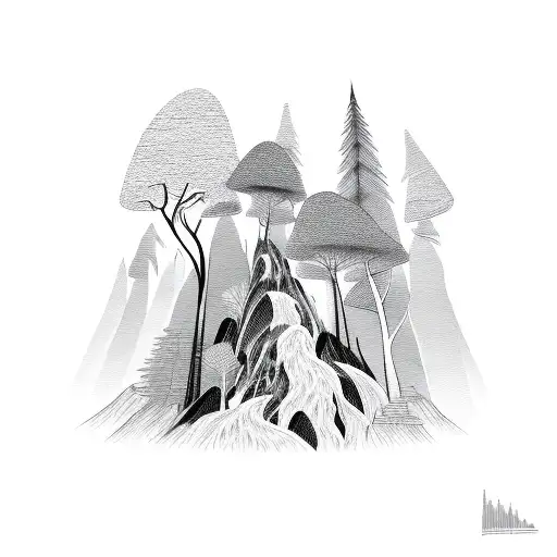 One Line Nature Jungle Trees Waterfall Mountains Hiking Black And White Abstract