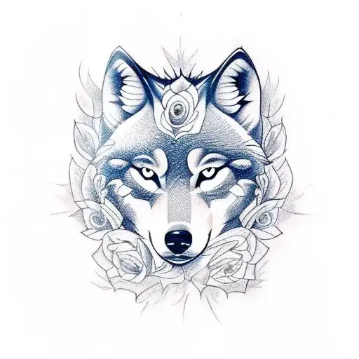 A Tattoo Design Featuring A Wolf And Roses
