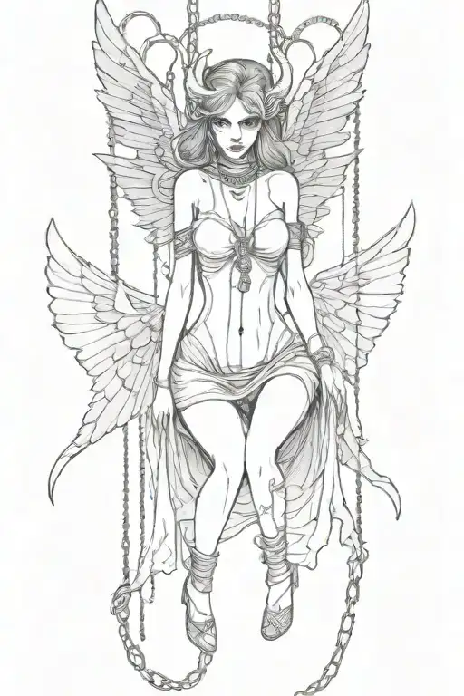 Demon Girl With Wings Hanging Upside Down Wrapped With Chains In Dark Gothic Style