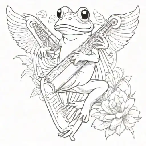 A Whimsical Tattoo Of A Frog Playing A Harp Surrounded By Angelic Figures