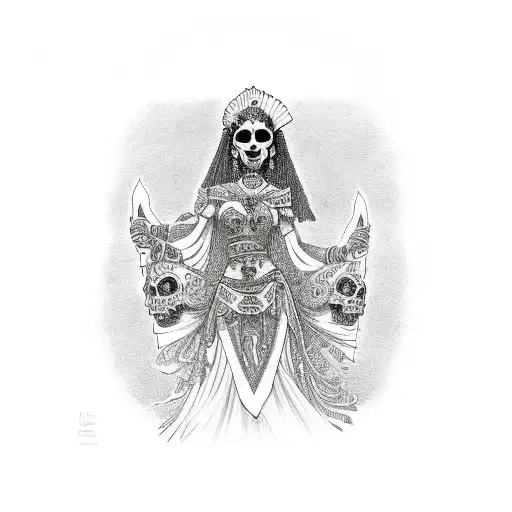 Mexican Goddess With Skulls At Her Feet