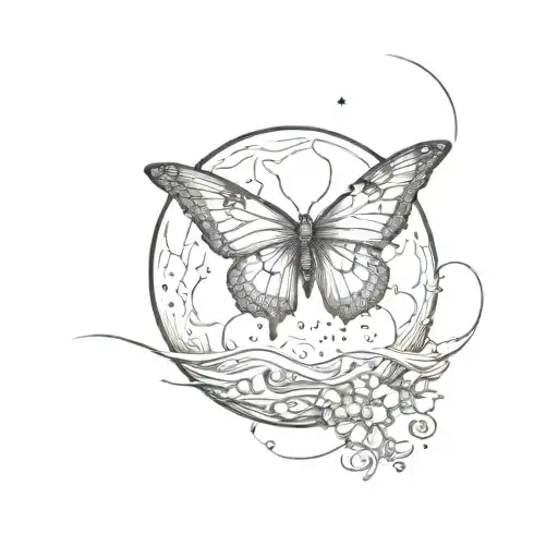 Butterfly Flying To Moon Rising