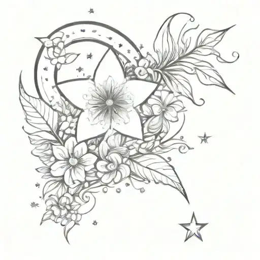 Flower And Leaves And Cresent Moon Sparkles And Small Star