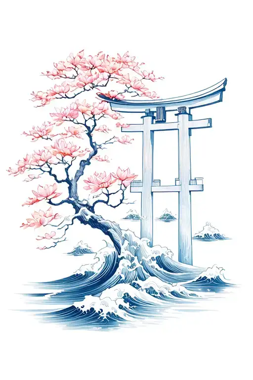 Sakura Tree Lotus Flowers Japanese Tree Torii Gate Waves Red Blue Black