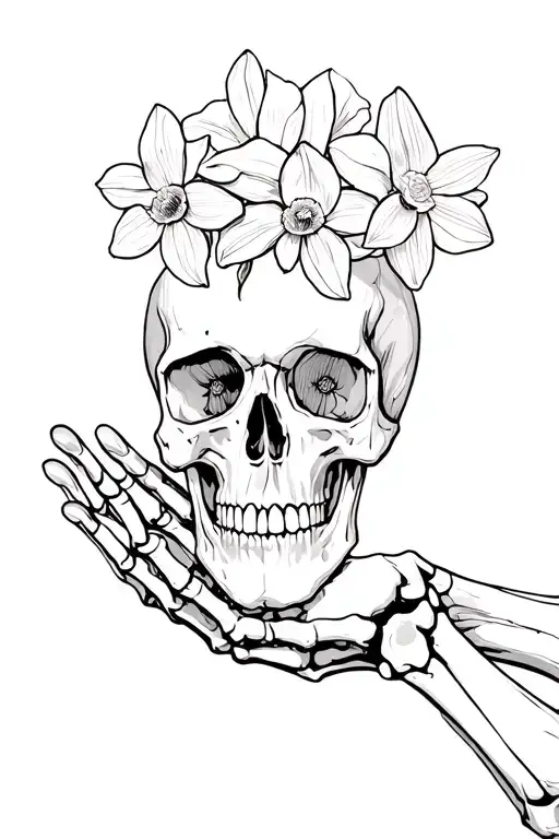 Skull Being Held By Skeleton Hand And Daffodils Coming Out Of The Skull
