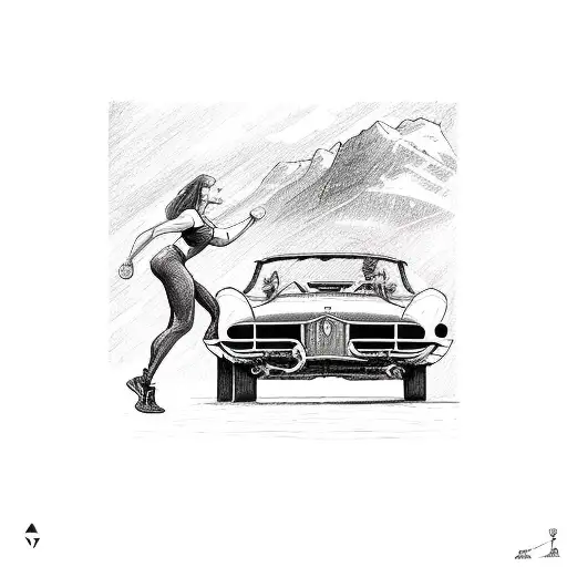 A Detailed Sketch Of A Strong Female Athlete Doing Push-ups With A Vintage Sports Car Beside Her