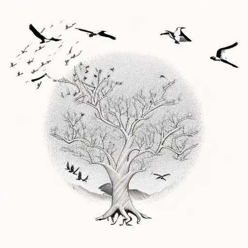Tree Of Life With Labrador Retriever Sitting At Base And 3 Birds Flying Away