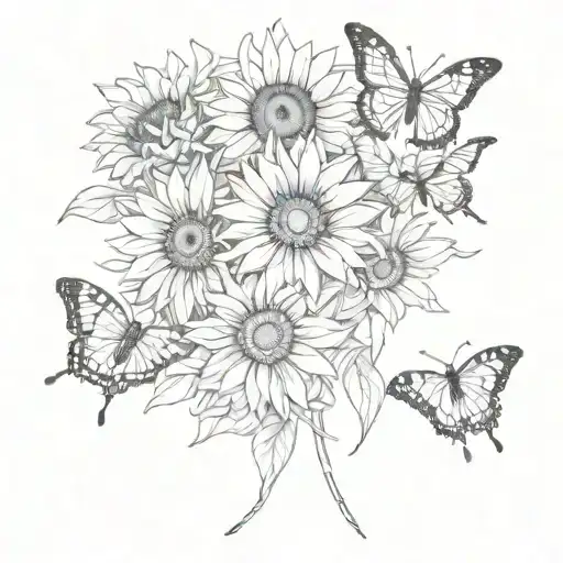 Fine Line Sunflowers And Butterflies