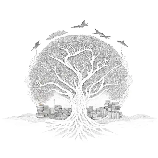 Tree Of Life With Books And Ocean