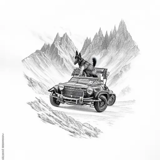 A German Shepherd Driving A Vintage Car Through A Mountainous Landscape