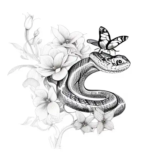 Snake With Butterfly And Flowers