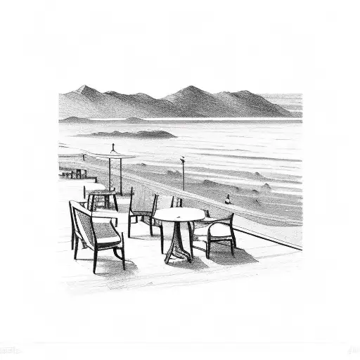 A Serene Coffee Shop Setting With A View Of The Beach And Mountains In The Distance