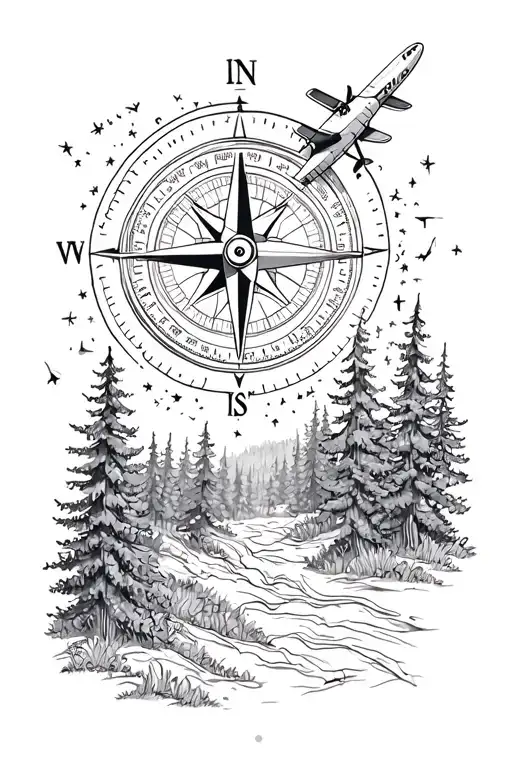 Compass And Airplane Flying Through A Forest
