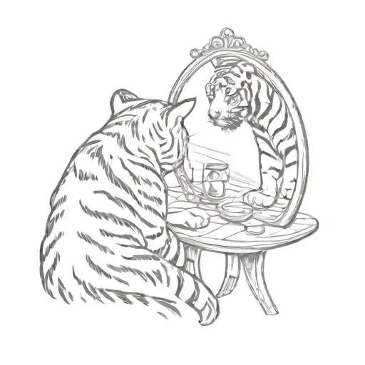 A Small Striped Tabby Cat Looking Into A Big Mirror And Seeing A Tiger As His Reflection