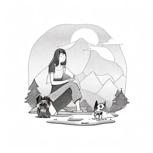 Women Sitting With Her Dog Looking At The Mountains