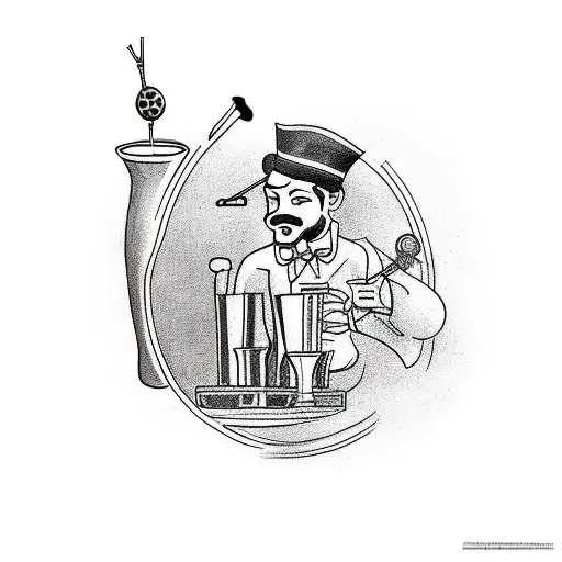 A Tattoo Of A Bartender Shaking Cocktails With A Background Of Music Notes And Travel Landmarks