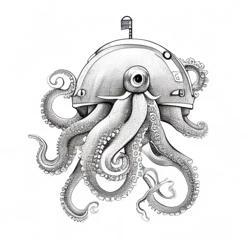 An Octopus Hiding In A Dive Helmet With Two Sea Horses Hanging On A Tentacle