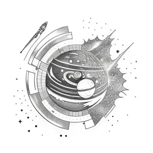 A Space-themed Sleeve Tattoo Featuring Planets And Stars Made Out Of Car Parts And Gaming Logos