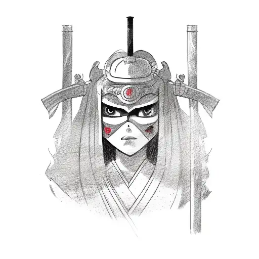 A Sketch Of A Woman With A Japanese Sword And An Oni Mask In The Background