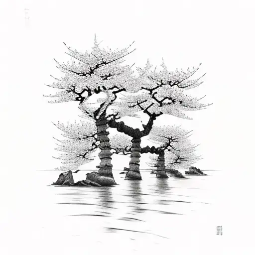 Japanese Cherry Blossom Trees On Each Side Of A River With A Sunset In The Back