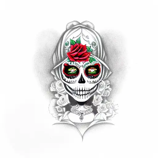 Mexican Catrina With A Red Rose And Green Eyes