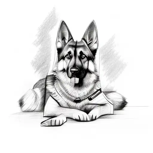 A Sketch Style Tattoo Of A German Shepherd Resting At Home With The Soldier's Wife