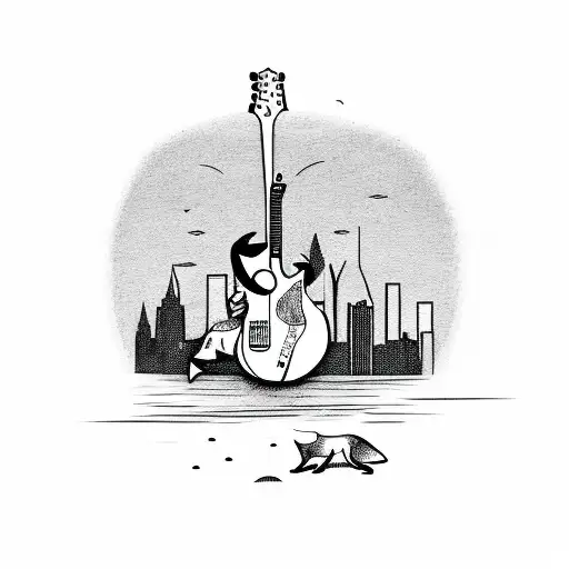 A Fox Playing A Guitar On A Beach With A City Skyline In The Background