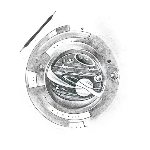 A Space-themed Sleeve Tattoo Featuring Planets And Stars Made Out Of Car Parts And Gaming Logos