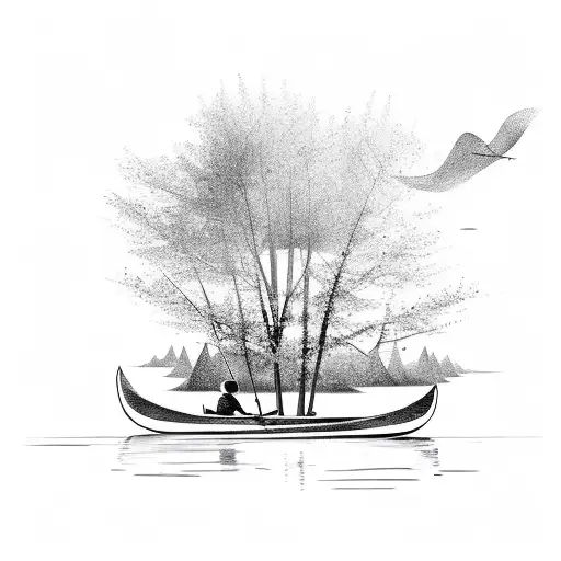 Father And Son In Canoe Going Down River Trees On Side