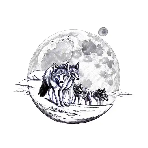 3 Wolf Cubs Walking Under Moon