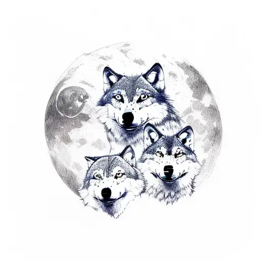 3 Wolf Cubs Walking Under Moon