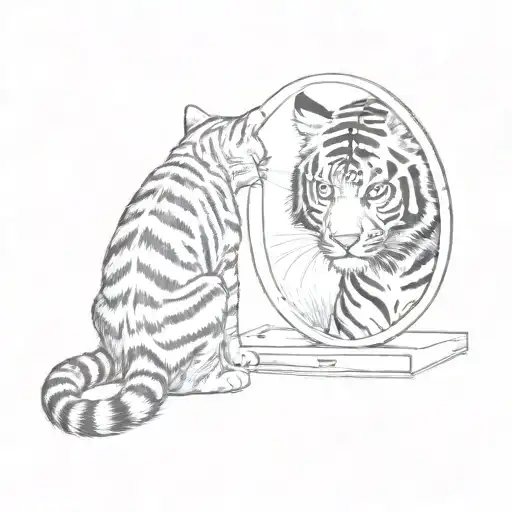 A Small Striped Tabby Cat Looking Into A Big Mirror And Seeing A Tiger As His Reflection