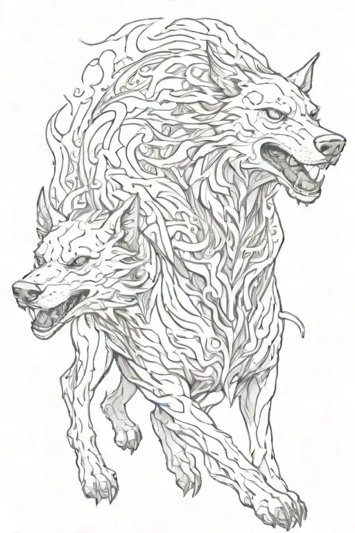 Hellhounds With Burning Eyes Around The Aura Of Light Black And White Sketch
