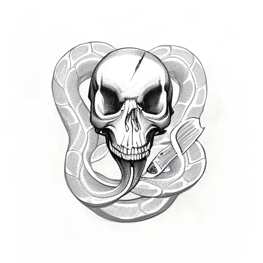 Snake Wrapped Around A Skull With A Knife