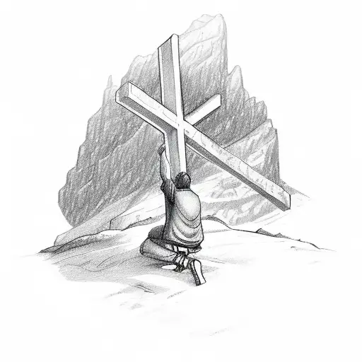 Man Kneeling At Cross On A Mountain