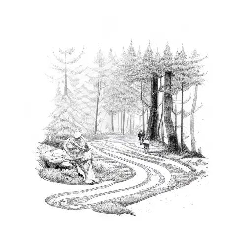 Winding Path In The Forest With Man Kneeling And A Cross