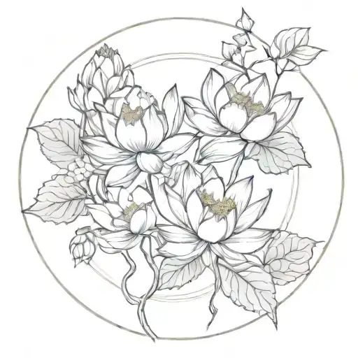 Circle With Branch Inside With Flowers Blooming Lotus Flower