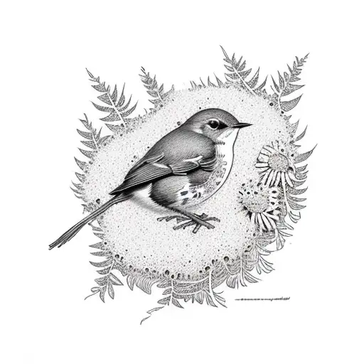 A Dotwork Design Of A New Zealand North Island Robin Surrounded By Heather Flowers And Sunflowers