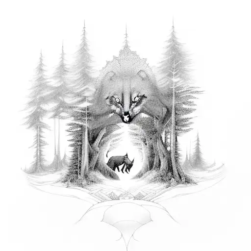 A Mystical Forest Scene With A Wolf Leading The Way Through The Trees