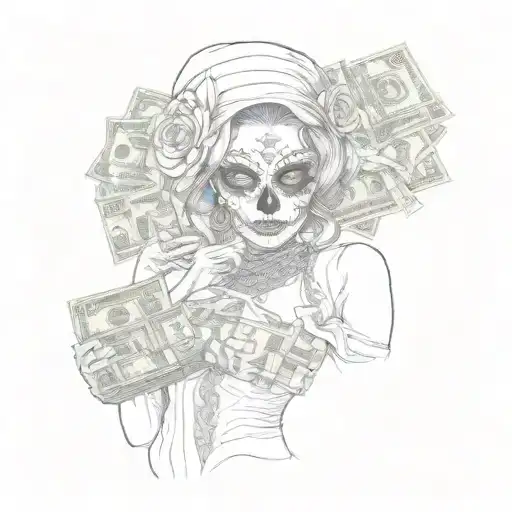 A Seductive Woman With A Sugar Skull Face Tattoo Holding A Stack Of Money