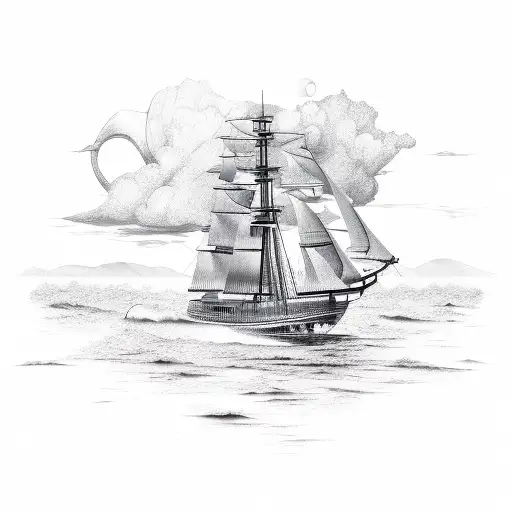 An Intricate Design Of A Yacht Sailing Through A Sea Of Different Travel Destinations