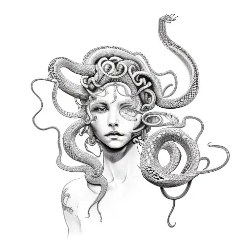 A Sketch Style Tattoo Of Medusa's Snake Hair Twisting And Turning Around Her Face