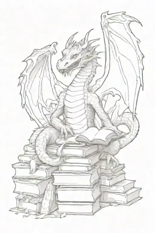 Dragon Sitting On A Hoard Of Books With An Hobbit Stealing One Book