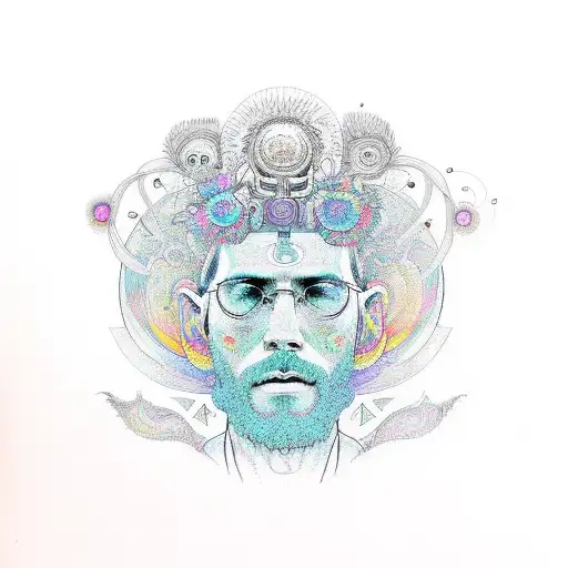 A Psychedelic Head Coming Outside Lsd Dmt Or Mushroom Patterns Full Of Colors With Hippie Symbols