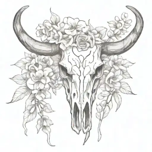 Longhorn Skull Surrounded By Flowers Coming Out Of The Eyes