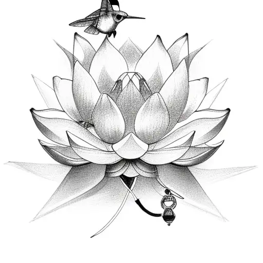 Lotus Flower With Pocket Watch And Hummingbird