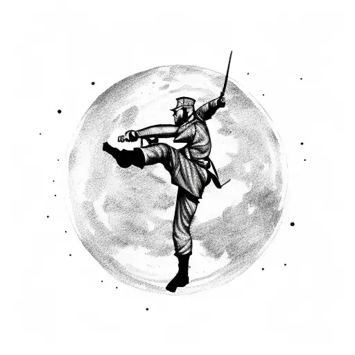 A Soldier Silhouette Practicing Martial Arts Under A Full Moon