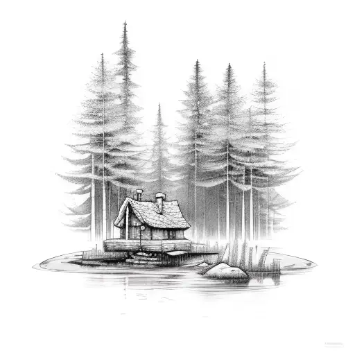 Forest With Small House And Water